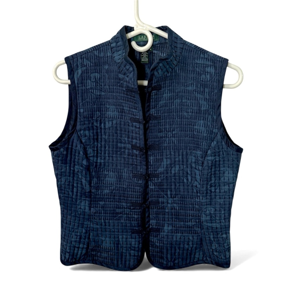 Ralph Lauren Petite Medium Navy Blue Silk Blend Quilted Vest Frog Closure - PM